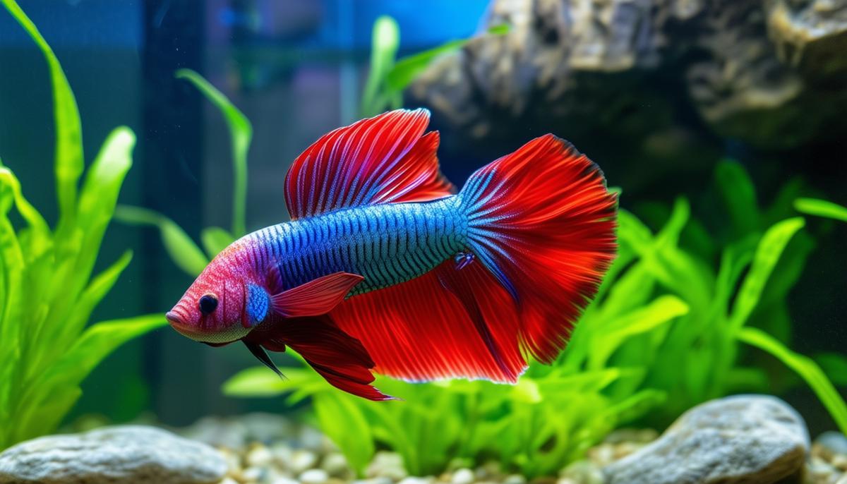 A male Betta fish swimming peacefully in a well-decorated aquarium with plants, caves, and visual barriers, demonstrating how proper tank setup can reduce aggression.