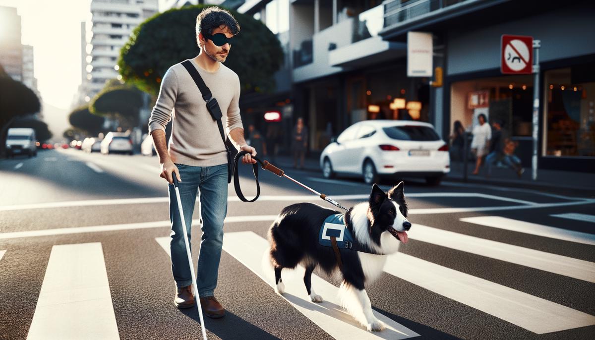 A Border Collie guide dog confidently leads their visually impaired handler through an obstacle