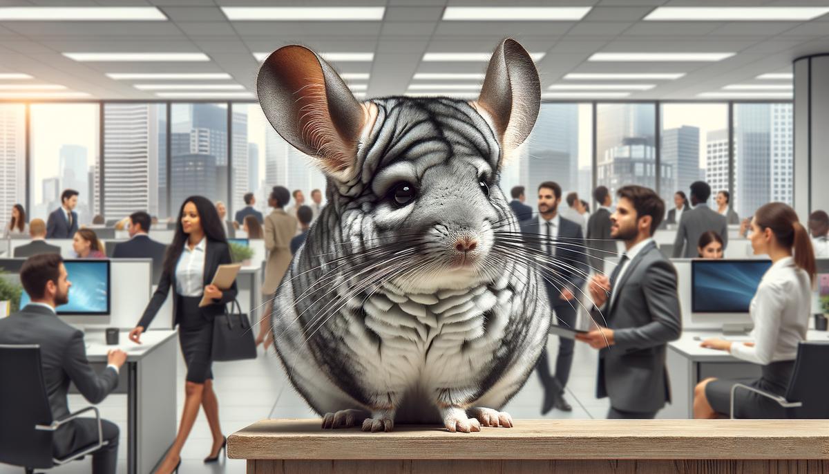 A chinchilla showing signs of stress in a busy office environment. Handling Chinchillas at Work