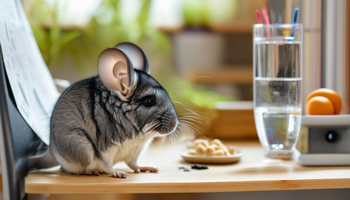 A chinchilla in a quiet office corner with food, water, and activity space. Handling Chinchillas at Work