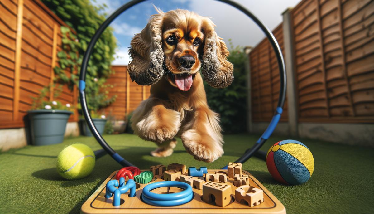 A Cocker Spaniel participating in various activities to manage its energy levels