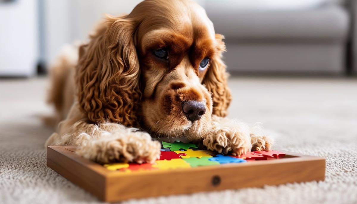 A Cocker Spaniel working on a puzzle toy, demonstrating its need for mental stimulation