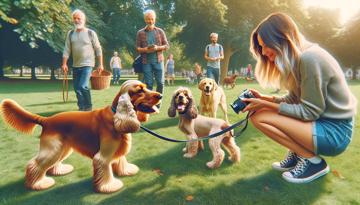 A Cocker Spaniel interacting friendly with other pets and people in a park setting