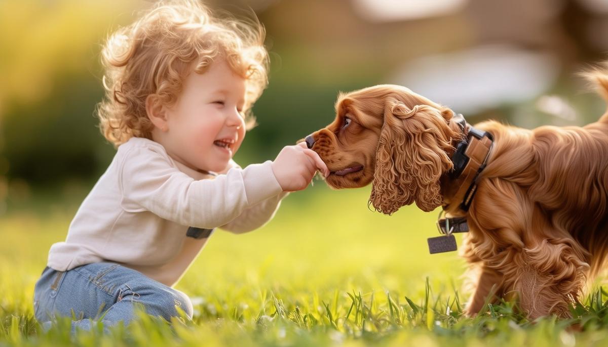 A Cocker Spaniel displaying its calm and playful temperament while interacting with a child