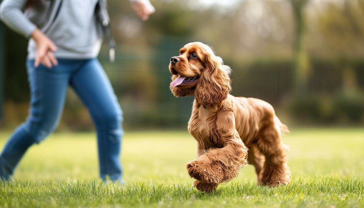 A Cocker Spaniel participating in an obedience training session with its owner