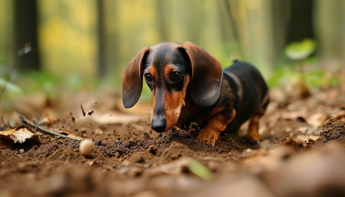 A dachshund digging vigorously in a forest setting, demonstrating its hunting instincts