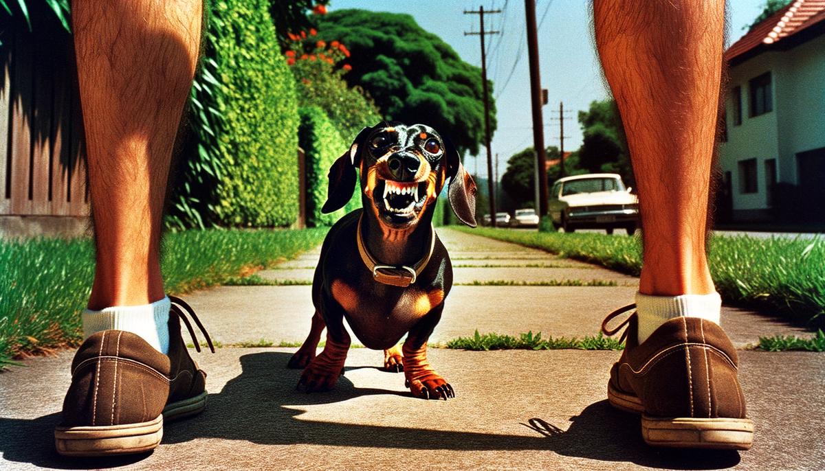 A dachshund growling at a person approaching, showcasing aggressive behavior