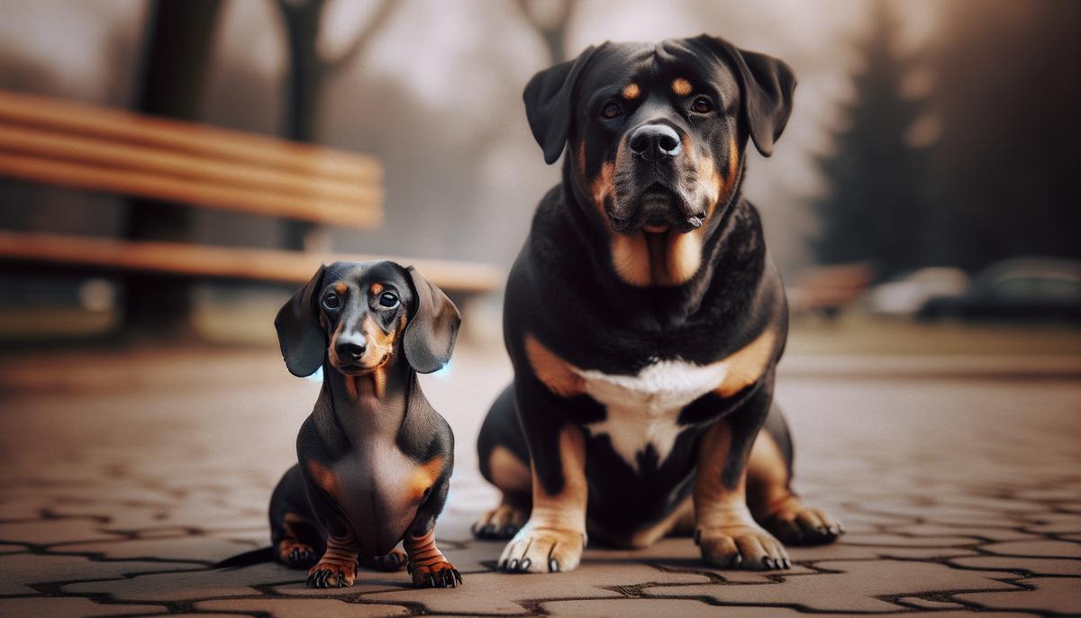 A dachshund standing next to a much larger dog breed, illustrating the difference between aggressive and dangerous dogs