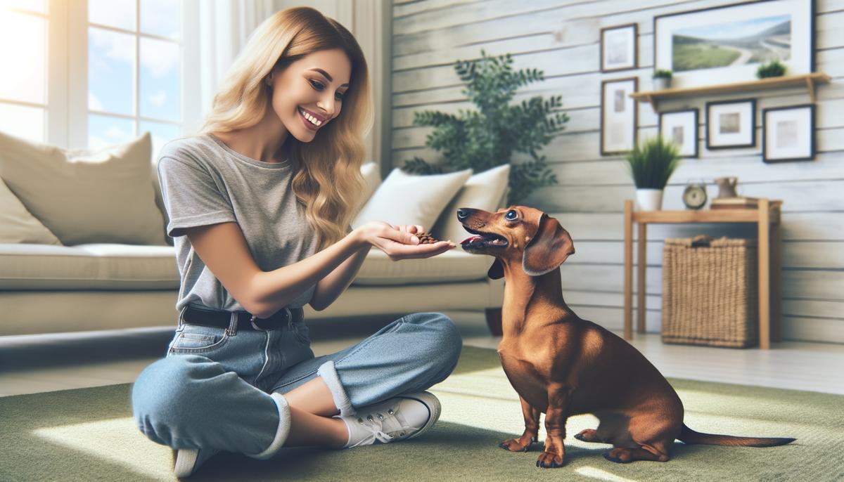 An owner using positive reinforcement techniques to train a dachshund