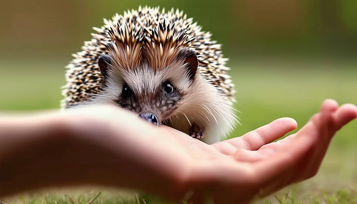 A curious hedgehog cautiously approaching an outstretched human hand