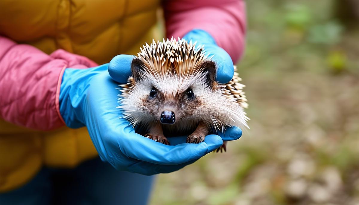 A person wearing protective gloves while gently handling a hedgehog