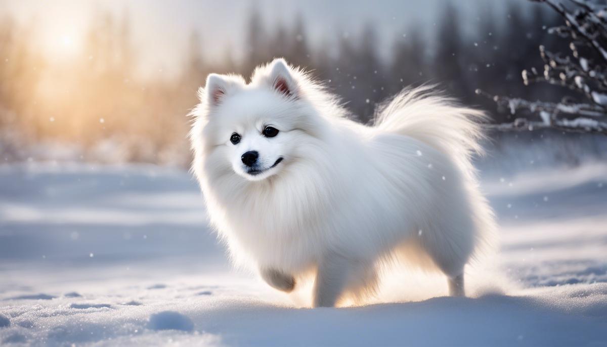 A picture of a Japanese Spitz surrounded by a snowy environment, showcasing their affinity for colder climates