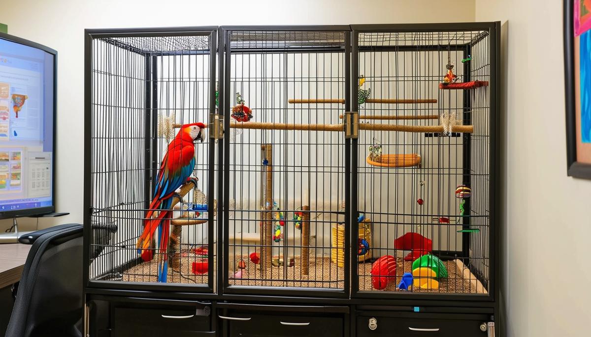 A large, sturdy cage for a Scarlet Macaw set up in a corner of an office, with various toys and perches inside