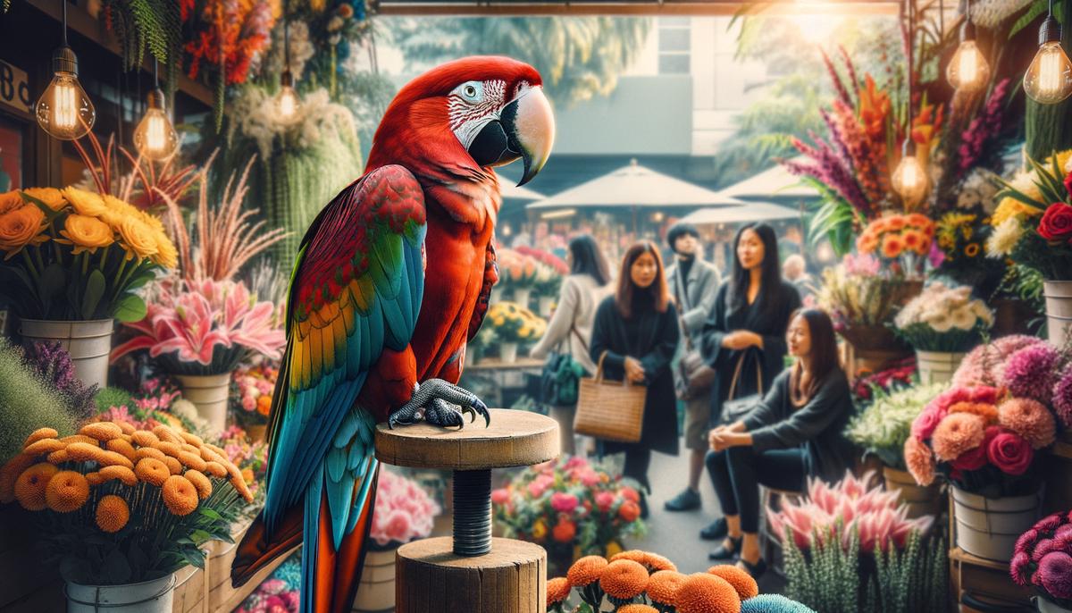 A Scarlet Macaw perched in a florist shop, surrounded by colorful flowers and interacting with customers