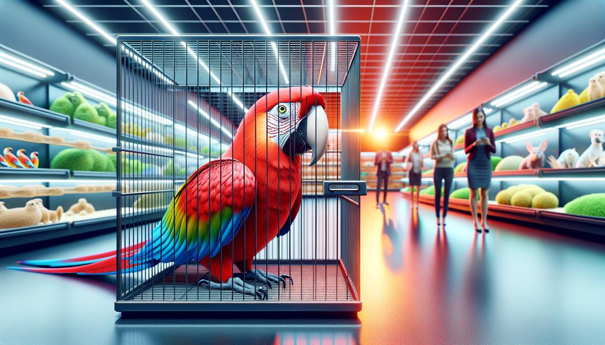 A Scarlet Macaw perched in a spacious cage in a pet shop, interacting with customers