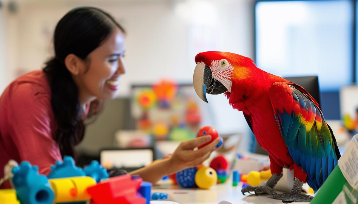 A Scarlet Macaw interacting with a worker in an office environment, surrounded by toys and enrichment items