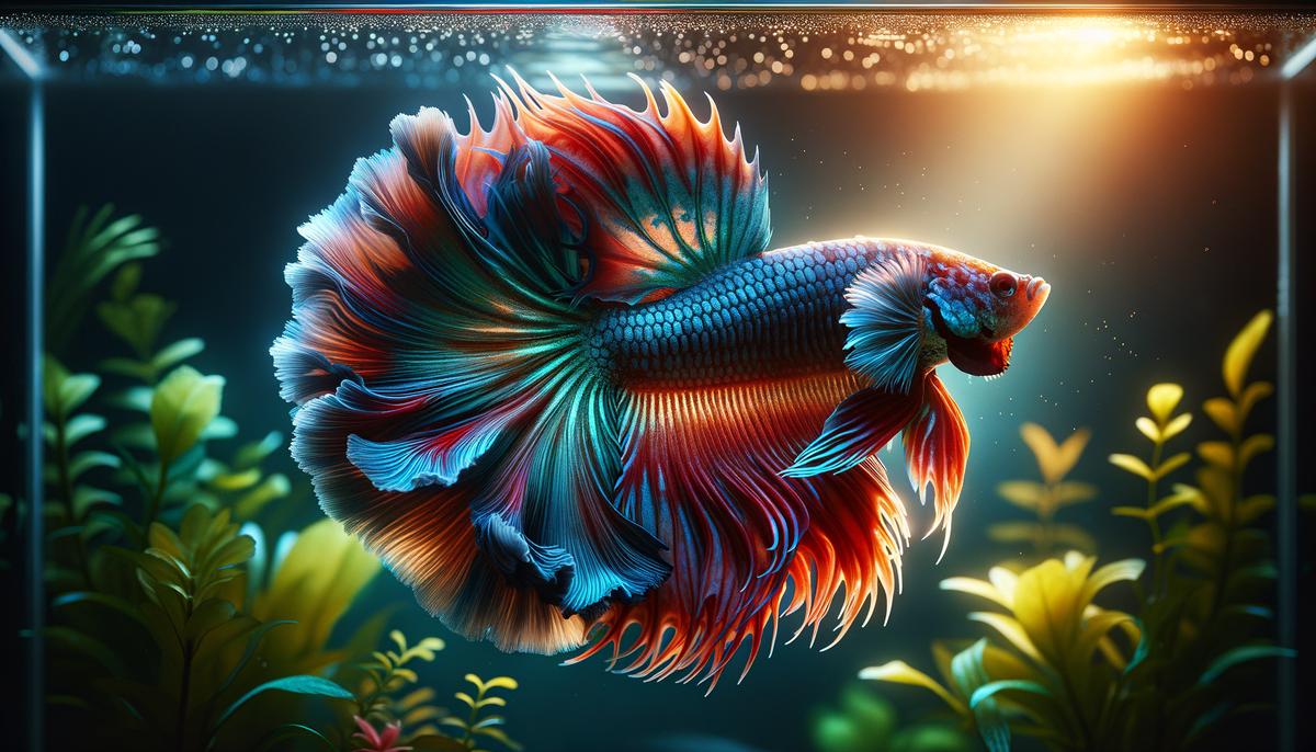 A male Siamese fighting fish flaring its gills and fins aggressively while swimming in an aquarium tank, showcasing its territorial behavior.