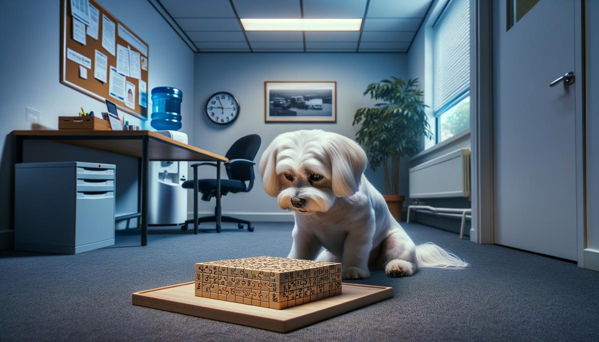 A Maltese dog playing with a puzzle toy in an office break area