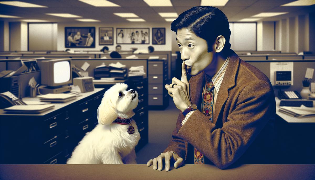 A person teaching a Maltese dog the quiet command in an office setting