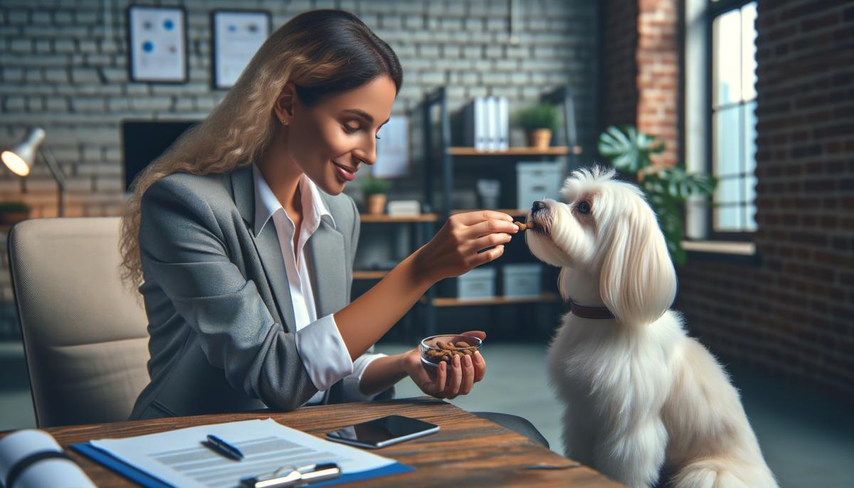 A person rewarding a calm Maltese dog with a treat in an office environment