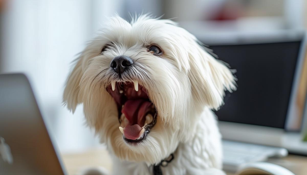 A Maltese dog barking at various office stimuli like a ringing phone and unfamiliar people