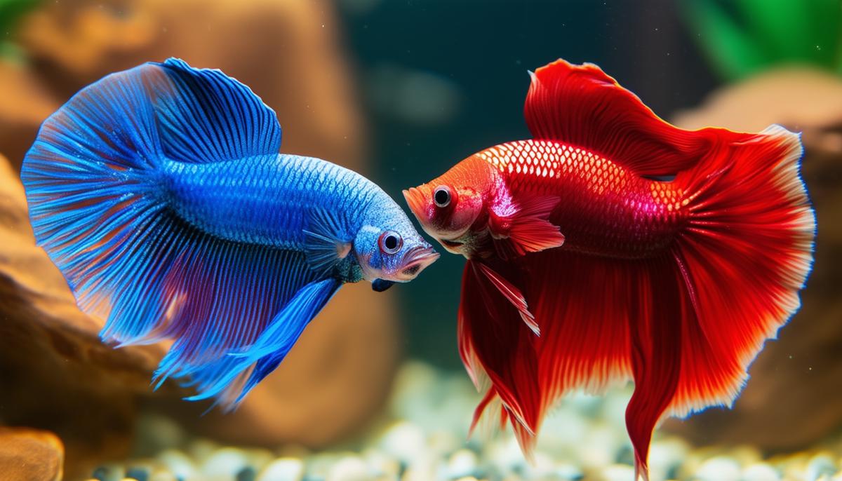 A red and a blue male Betta fish engaged in aggressive combat, the blue one appearing more dominant, illustrating color differences in aggression.