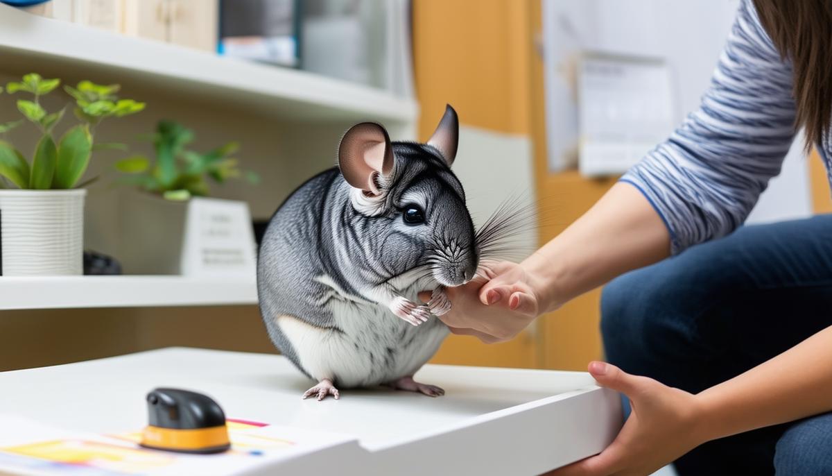 A person demonstrating safe chinchilla handling techniques in an office. Handling Chinchillas at Work