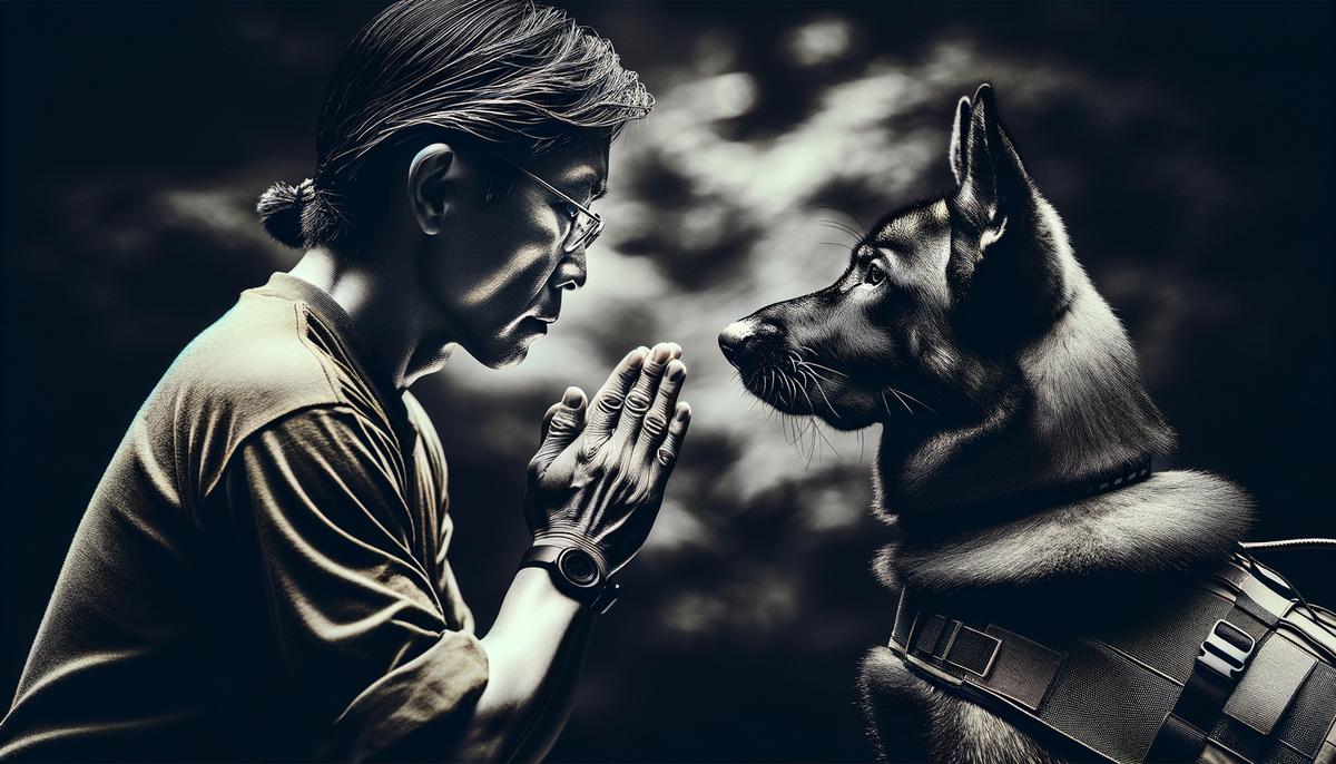 A service dog in training intently focuses on their trainer during a specialized task practice session