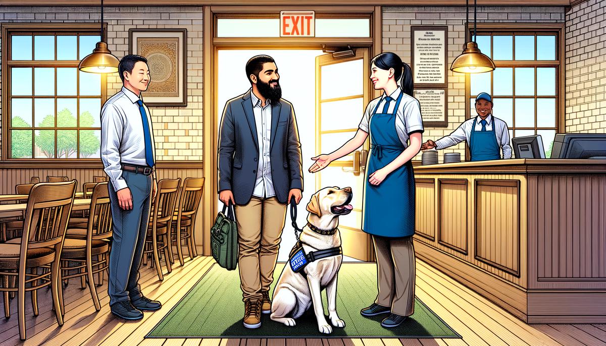 A service dog and their handler being warmly welcomed into a public establishment, illustrating their legal right to access