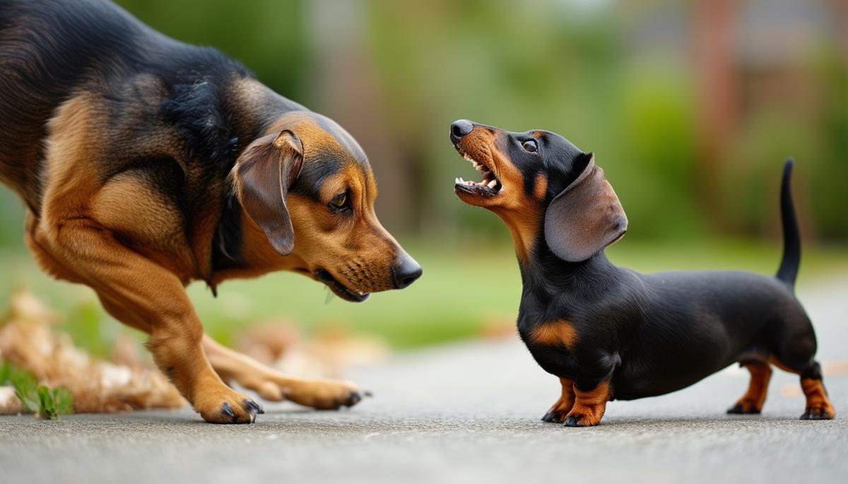 A small dachshund barking aggressively at a much larger dog, illustrating Small Dog Syndrome