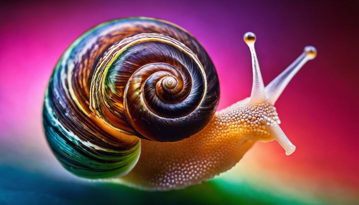 Close-up image of a snail shell, showcasing its spiral pattern and vibrant colors