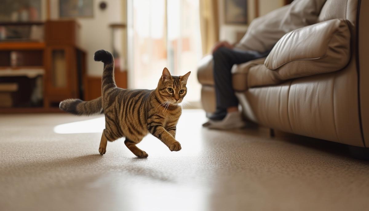 Sokoke cat following its owner around a living room, showcasing its dog-like loyalty