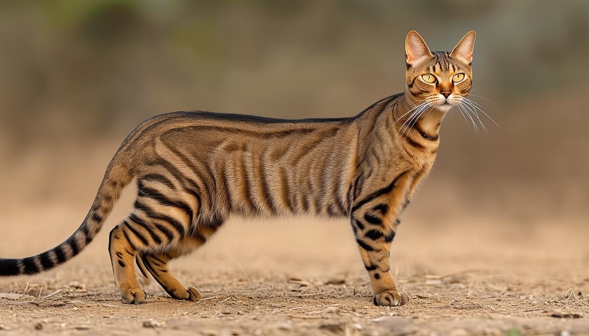 Full body view of a Sokoke cat displaying its medium-long, lean frame, wood grain-like markings, and long slender legs