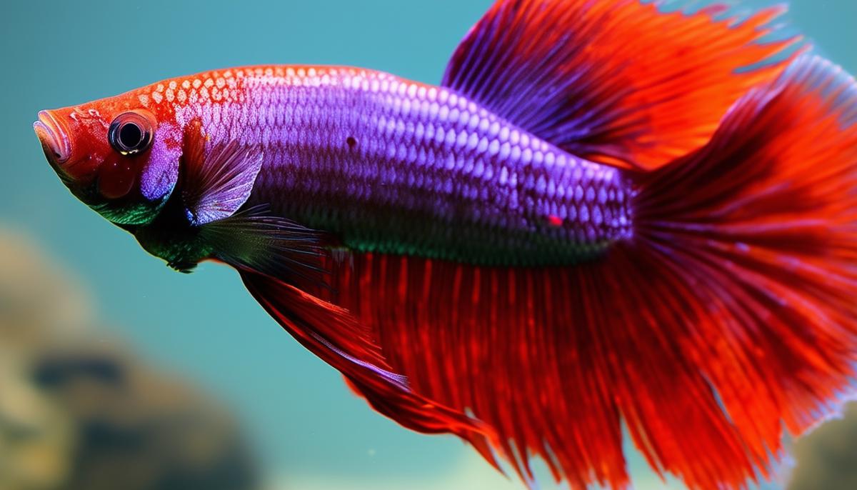 A close-up of a male Betta fish looking stressed and sickly, with clamped fins and dull colors, showing the health consequences of chronic aggression and stress.