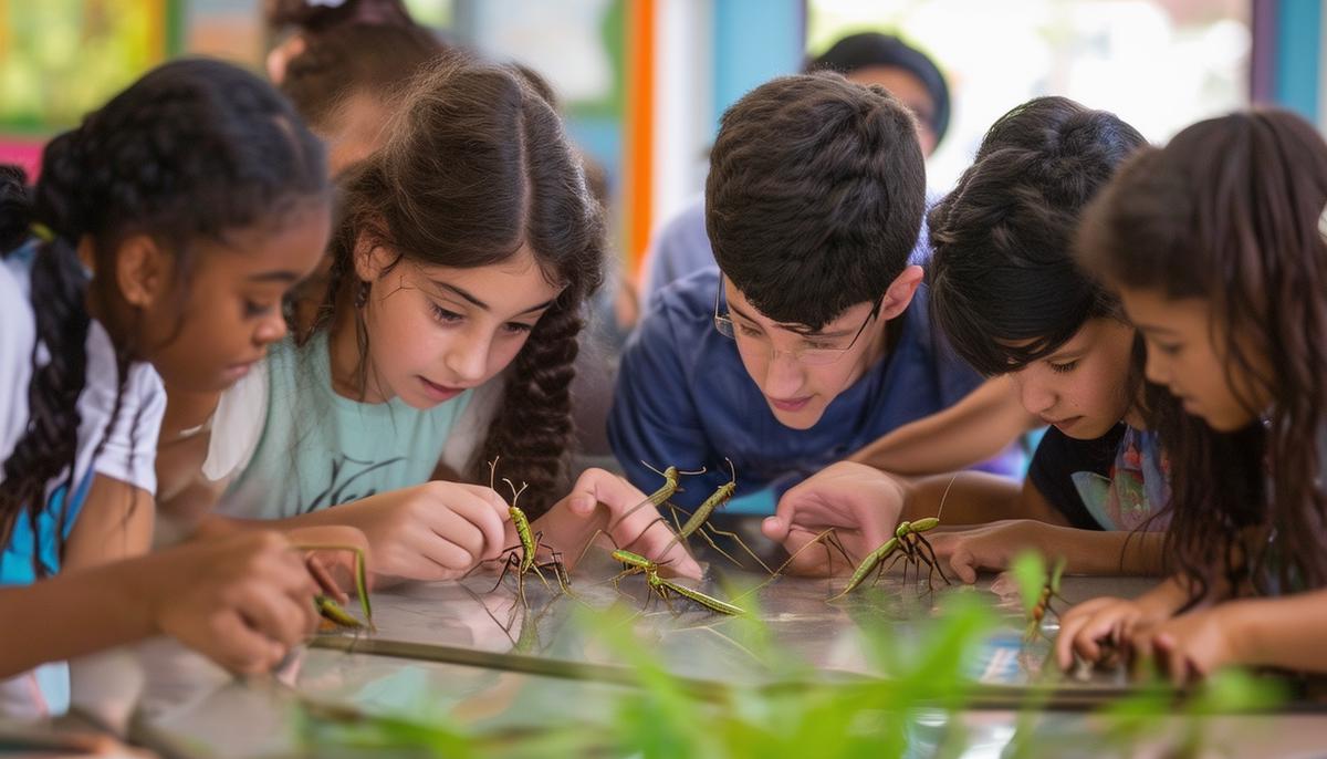 A group of diverse students observing stick insects in an educational setting - Stick Insects are not boring