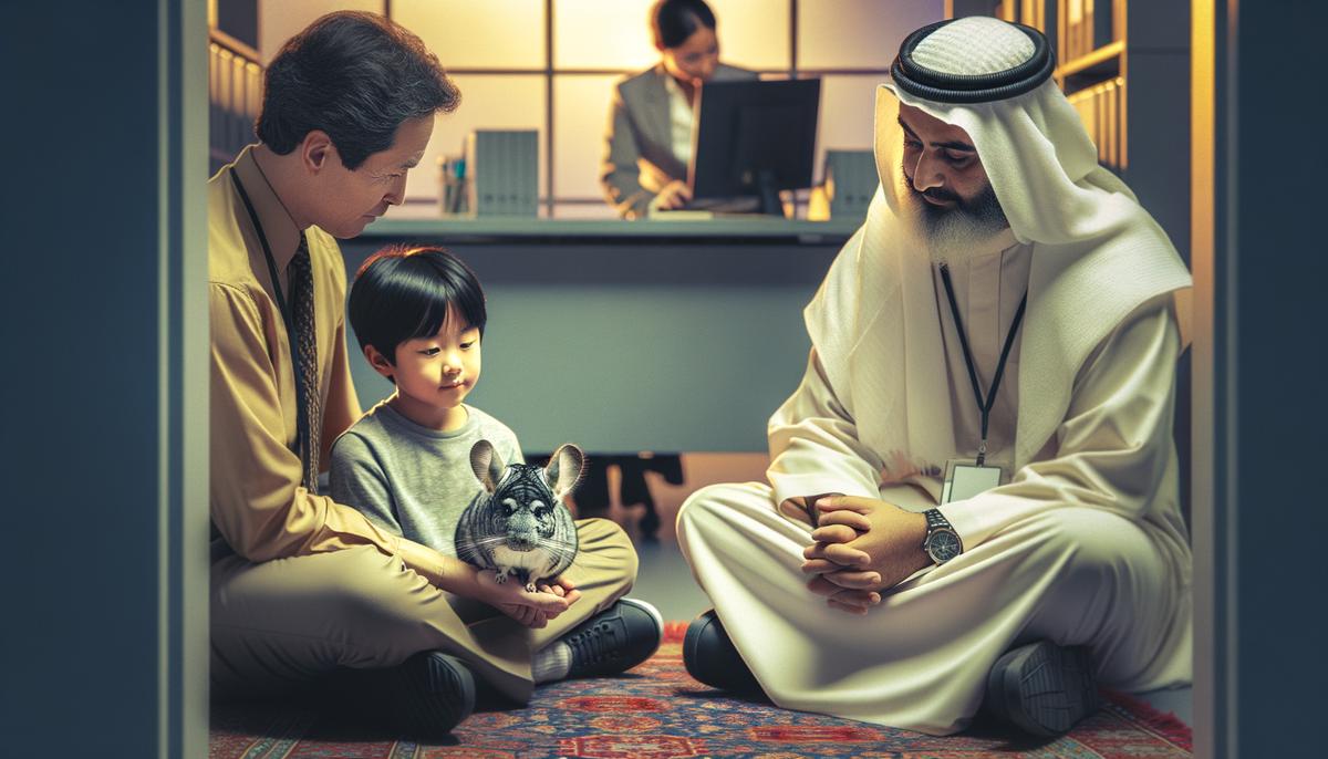 A child safely interacting with a chinchilla under adult supervision in a workplace. Handling Chinchillas at Work