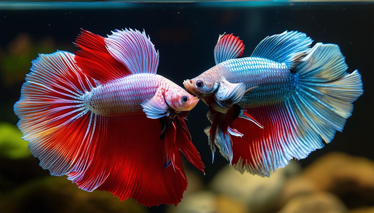 Two male Betta fish engaged in a violent fight, mouth locking and biting at each other's fins, demonstrating intense physical aggression.